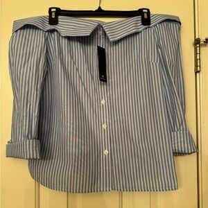 Off-Shoulder Blue Stripe Button-Up